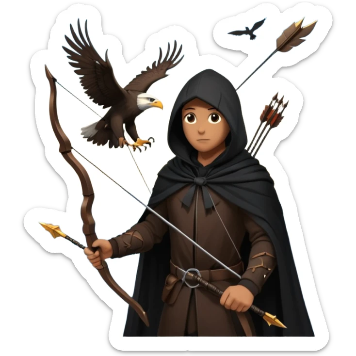 hooded man in a tall buliding a silloute shot, bow and arrows in hand. in the sky a big eagle is flying in modern time sticker