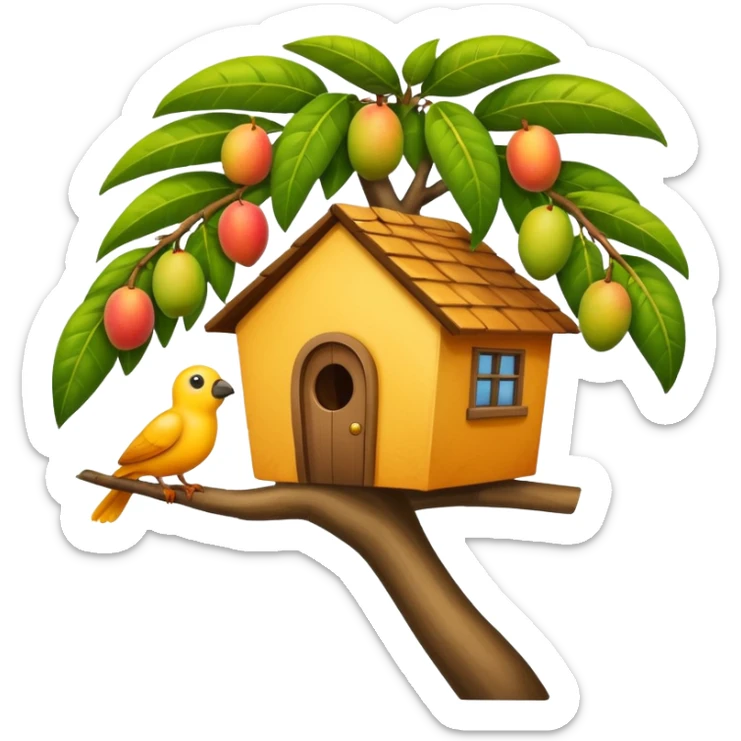 a mango tree with a small house on the branch, a bird peeking out from the house roof, emoji style sticker