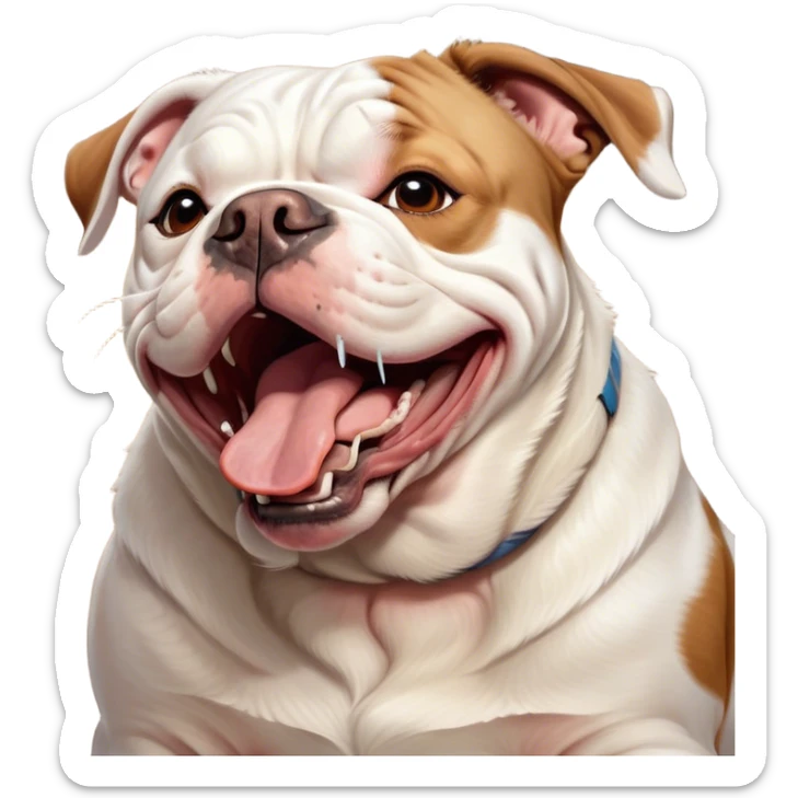 Cinematic Cute Yawning White and Brown American Bulldog Portrait Emoji, Head tilted slightly with a dramatic, wide-open yawn, soft white fur with bold brown patches, floppy ears slightly drooping, round brown eyes barely open in drowsy contentment, Simplified yet irresistibly adorable features, highly detailed, glowing with a soft, cozy glow, high shine, relaxed yet expressive, stylized with a touch of whimsy, bright and endearing, soft glowing outline, capturing the essence of a sleepy yet affectionate pup, so drowsy it feels like it could stretch right out of the screen and curl up for a nap! sticker