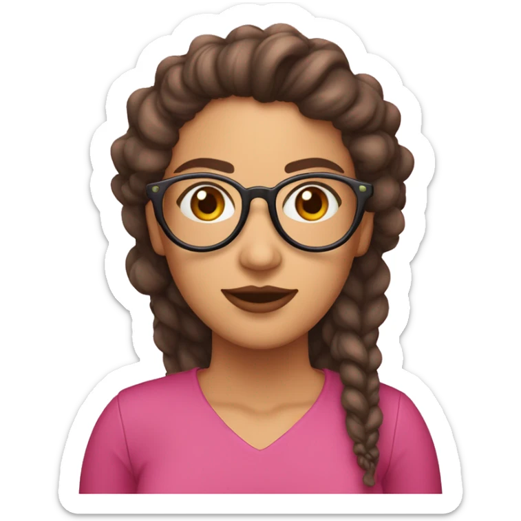 mujer con pelo largo, rizado y castaño, piel blanca con pecas y gafas redondas con montura rosa sticker