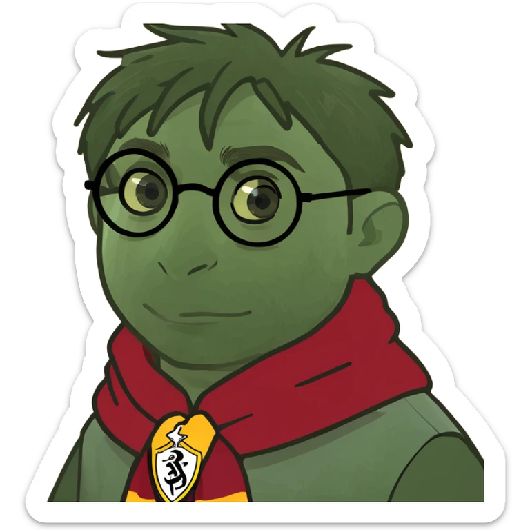Harry Potter memoji with Gryffindor scarf, round glasses, lightning scar, digital cartoon style sticker