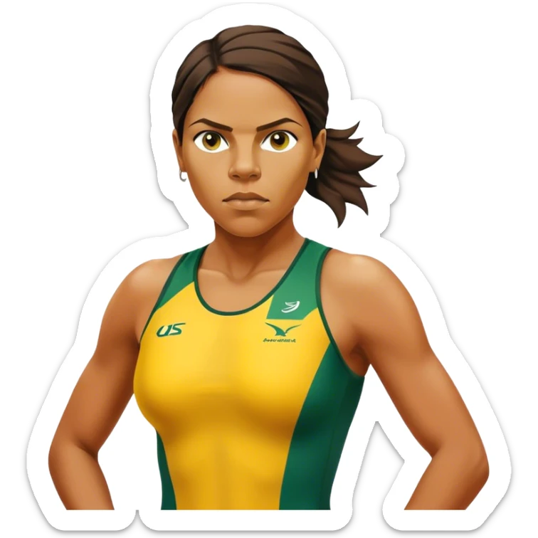 Cinematic Realistic portrait of Cathy Freeman, shown as an iconic Australian sprinter with a focused, determined expression and modern athletic yellow and green attire accented with subtle native motifs, rendered in dynamic, vibrant lighting sticker
