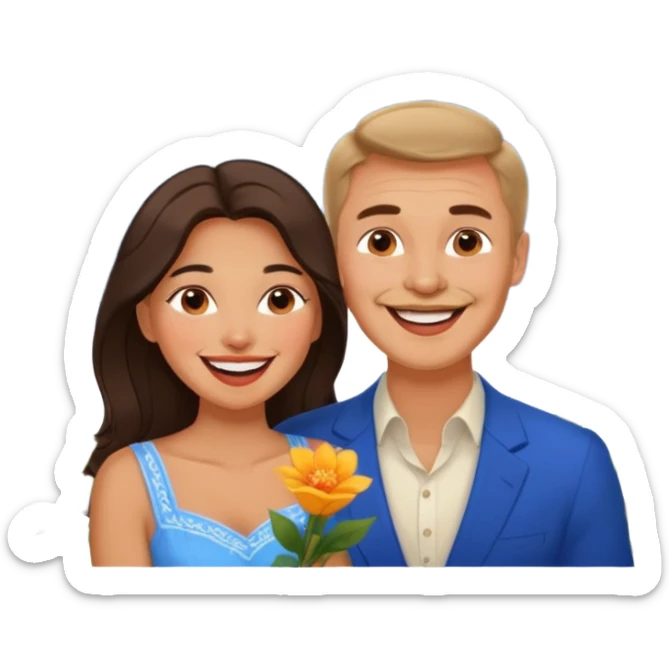 Couple  laughing traveling russian man and elegant  Latina girl delicate flowers and mountains in the background  sticker