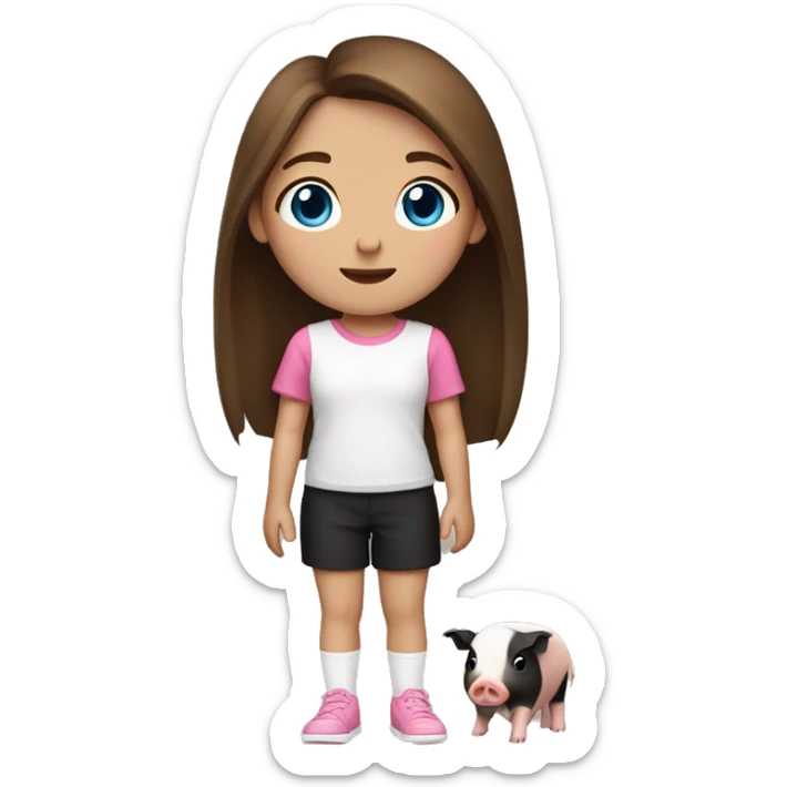 11 year old girlwith blue eyes, straight brown hair, pink shirt, black shorts and white shoes holding  a small black, brown and white gueani pig sticker