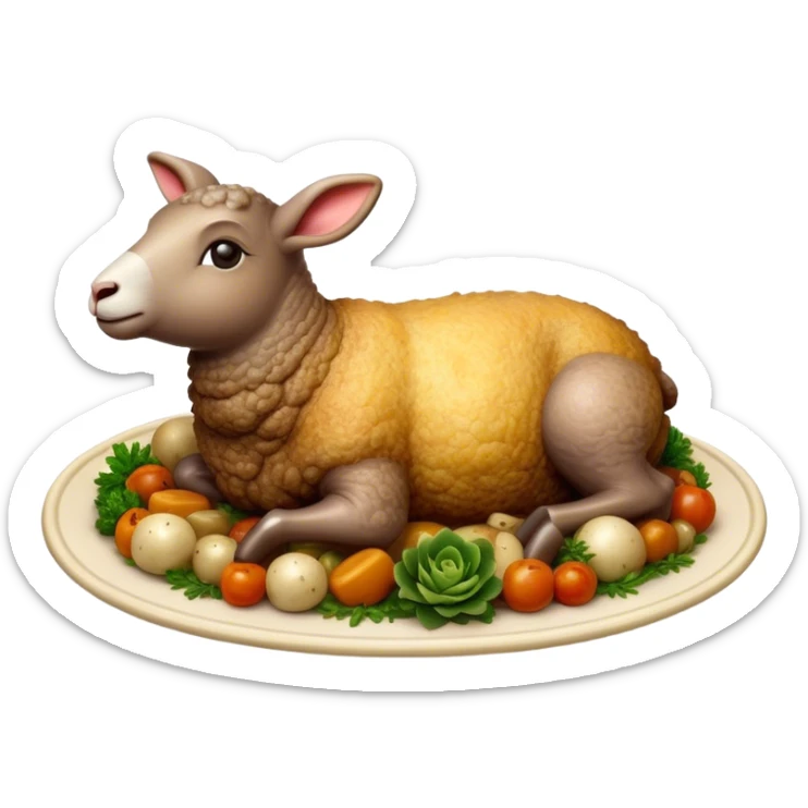 Cinematic Realistic Roast Lamb Dish Emoji, depicted with tender, succulent lamb roasted to perfection and served with seasonal vegetables, rendered with rich textures and inviting warm lighting that captures its traditional heritage. sticker