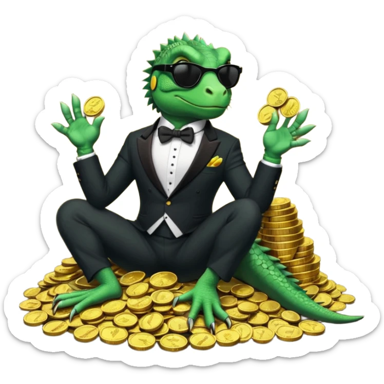 capitalist iguana banker in tuxedo and black sunglasses lying comfortly on coins sticker