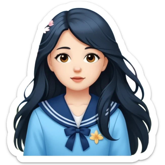  A white girl with a Black long hair, and a baby blue sailor suit, enjoying the spring breeze，Wearing cherry blossoms on your hair sticker
