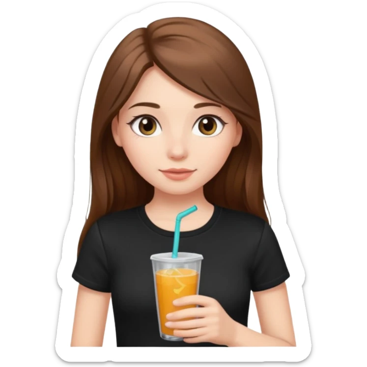 girl with long brown hair, rosey cheeks, long eyelashes dressed with a black thight tshirt and a drink in her hand sticker