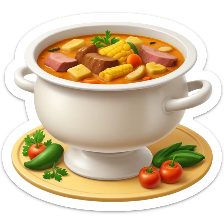Cinematic Realistic Sancocho Soup Dish Emoji, featuring a rich, hearty stew with diverse meats and vegetables rendered with lifelike detail and warm, comforting lighting. sticker