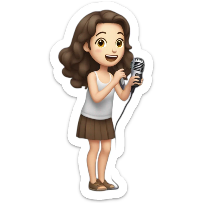 Caucasian girl with dark long Brown hair performing with a michophone singing sticker