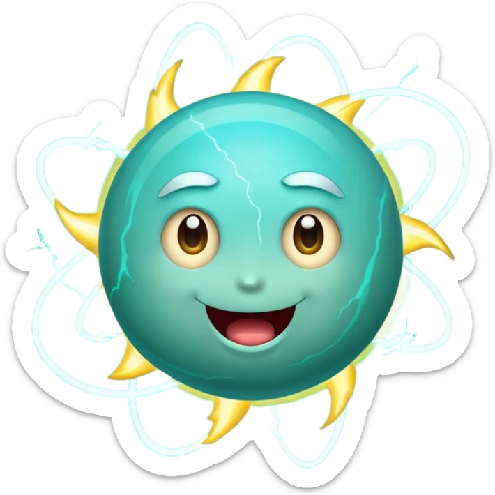 Uranus planet emoji in Apple-style, blue-green color with visible rings, big playful fun excited face, bursting with electric chaotic unexpected energy, large bold lightning bolt, highly expressive features sticker