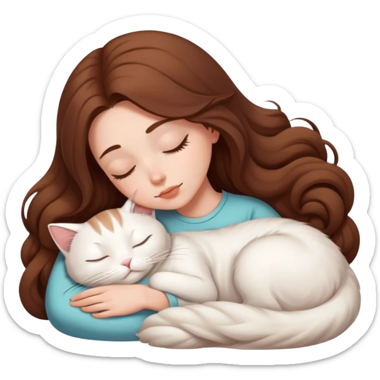 A pretty white girl with very long brown hair and sleeping curled up to a white cat  sticker