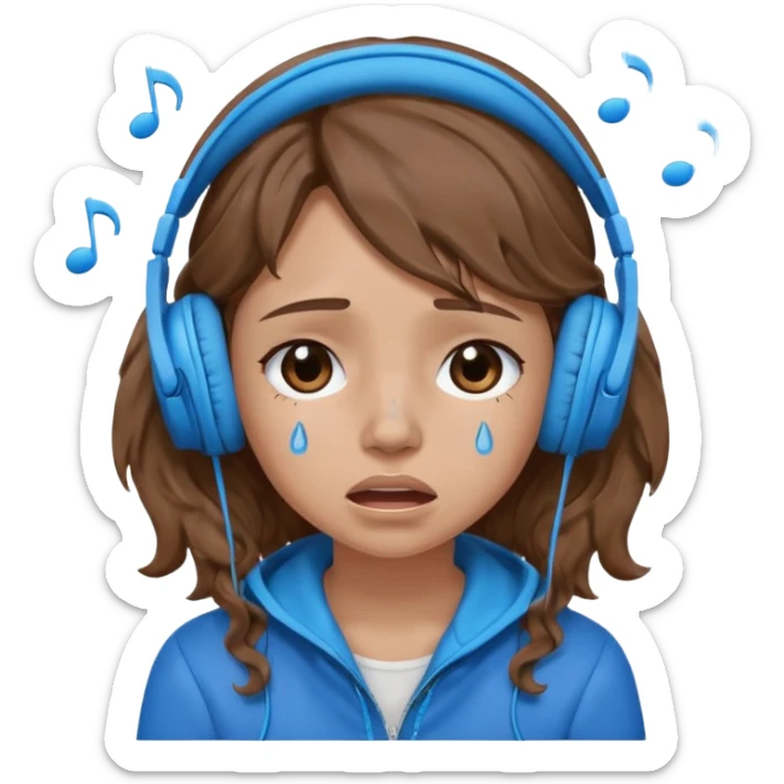 A crying girl with wavy hair listening to music with blue headphones sticker