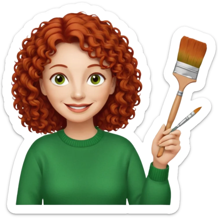 FEMME FRISÉ 60 ANS CHEVEUX ROUX FRISÉ SEMI LONG SOURIANTE AVEC CHANDAIL VERT YEUX BRUN ET UN PINCEAU À LA MAIN LA MAIN AVEC 5 DOIGT SEULEMENT  sticker