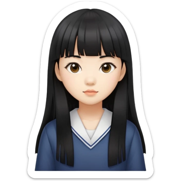 Asian schoolgirl with straight black hair, long length, and blunt bangs sticker