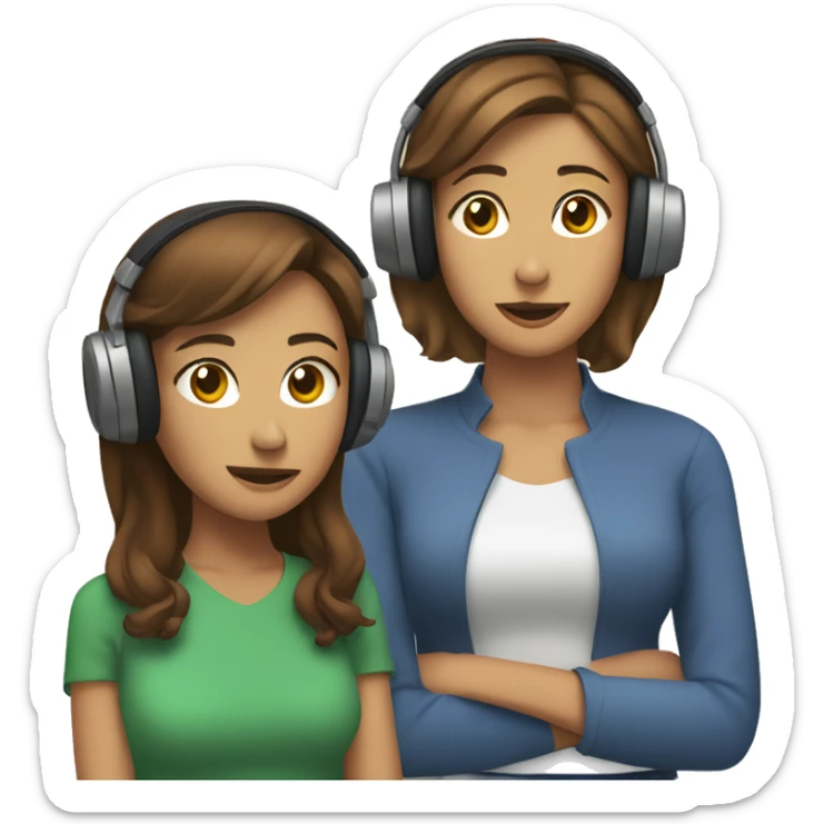 woman with brown, short hair wearing wired headphones sitting next to a woman with long brown hair resting her head on the other woman’s shoulder sticker