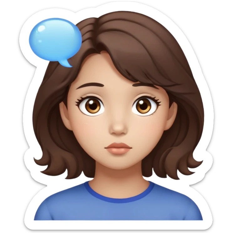 A brunnete haired girl with light skin and brown eyes and Korean soft makeup with a thinking bubble sticker