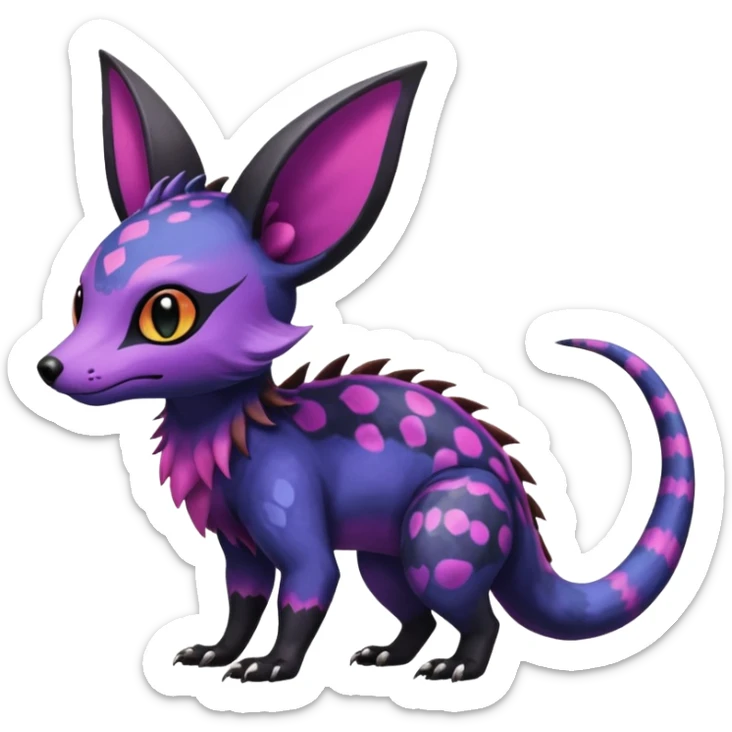 Rare exotic cute epic aesthetic gothic colorful Salandit-Noibat-Eevee-Civet-species-Fakemon-hybrid-creature, with markings, full body sticker