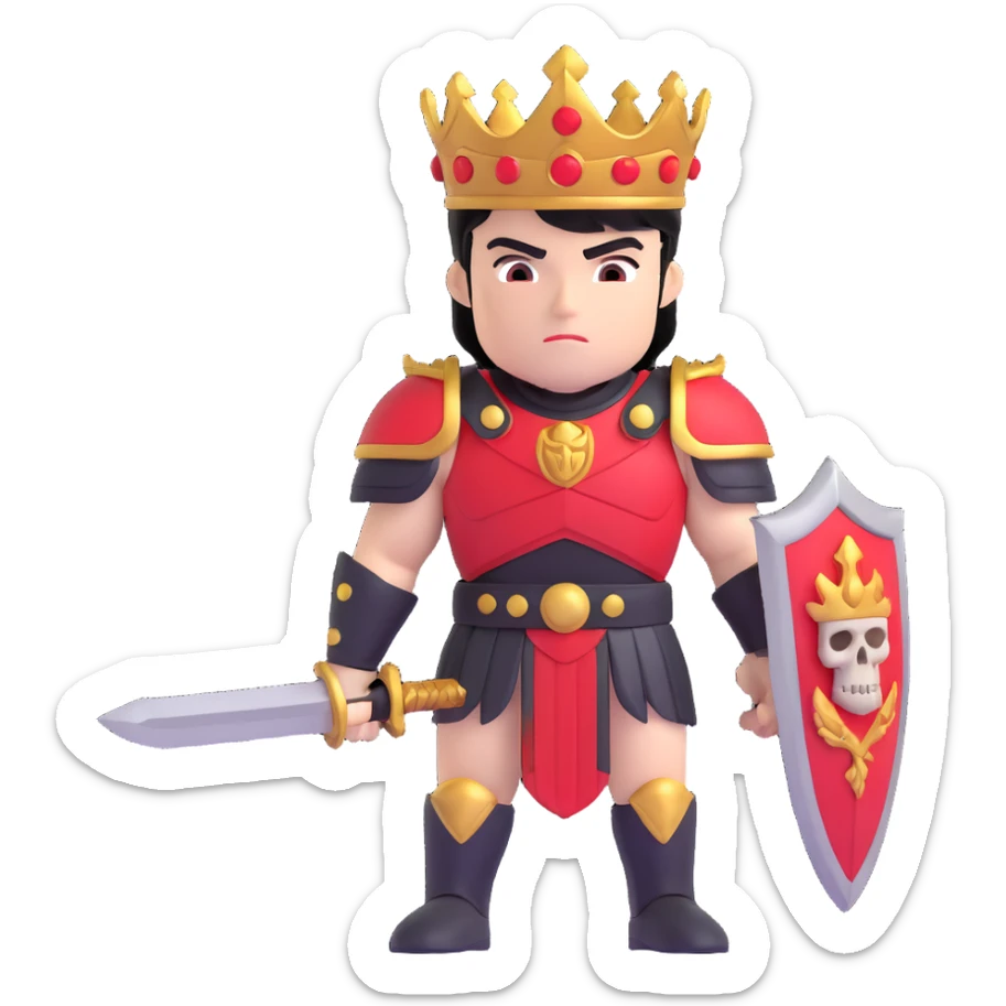 Muscular hero wearing black and red Greek armor with a skull shoulder pad and laurel crown. The hero has black hair with red and gold highlights, holding a red sword, standing confidently before a throne decorated with skulls and glowing yellow light. sticker