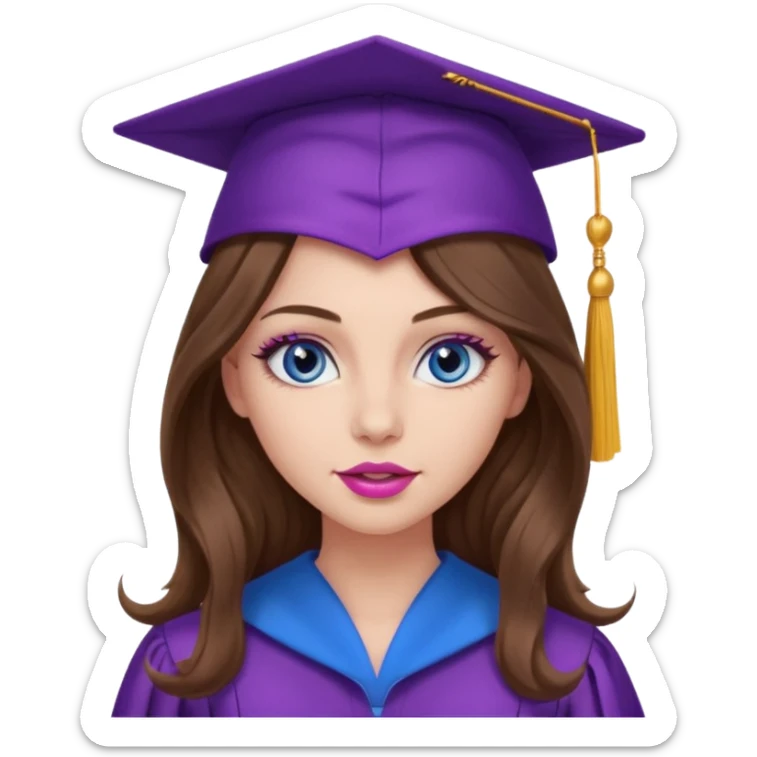 girl with very long wavy brown hair, blue eyes, long lashes makeup, sexy pink lips, wearing a purple graduation cap and gown sticker