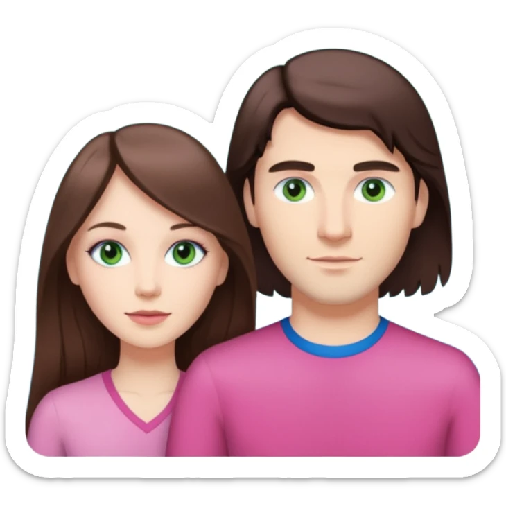 pink polaroid photo of a couple thats white with long brunette hair blue eyes and a white guy with short brunette hair and green eyes sticker