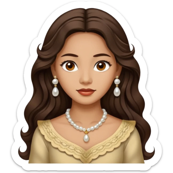 Tan Filipino woman with dark brown eyes and long dark wavy hair parted in the middle wearing a traditional filipiniana and white pearl stud earrings and no other jewelry sticker