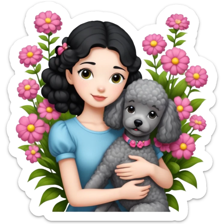 A beautiful girl with black ponytail and short sleeves happily hugs a gray poodle in the flowers sticker