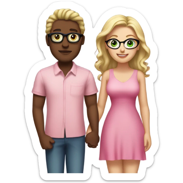 Curvy woman not wearing glasses with long blonde hair and green eyes wearing a pink dress and holding hands with a brown man with short curly black hair and glasses sticker