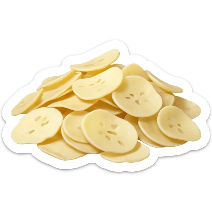 loose scatter of off-white potato flakes with irregular, lightweight shapes, slightly translucent dry texture, thin curled edges, uneven sizes, dehydrated instant mashed potato flakes, soft lighting, subtle shadows, emoji scale sticker