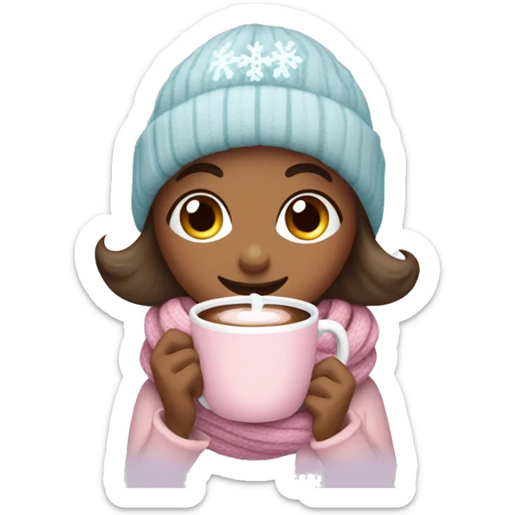 Create a cozy, feminine winter-themed emoji with pastel colors like pink and light blue. Include elements like a hot chocolate cup, scarf, sweater, and snowflakes, giving a warm, inviting winter vibe. sticker