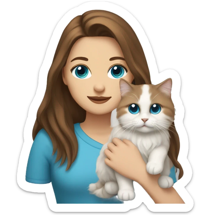 Woman with brown long hair, a beard and blue eyes holding a white Siberian cat sticker