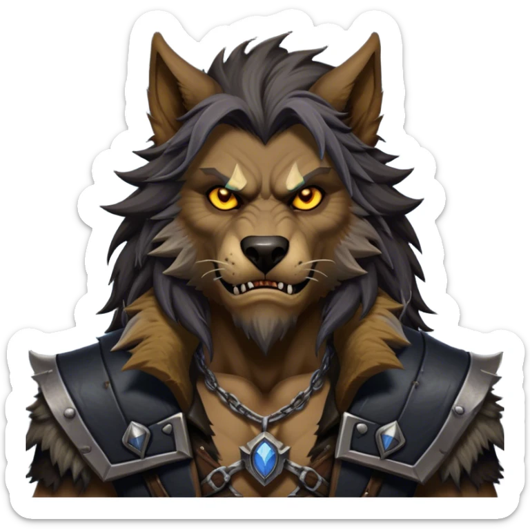 Cinematic Realistic WoW Worgen Portrait, depicted as a fearsome blend of man and beast, with rugged, dark fur intermingling with tanned, weathered skin. His piercing amber eyes and fierce expression are framed by disheveled hair and subtly detailed, worn leather attire in dark, consistent hues. Rendered with lifelike texture and dramatic, natural lighting, high shine, noble and formidable, capturing the primal nobility of a legendary worgen warrior. sticker