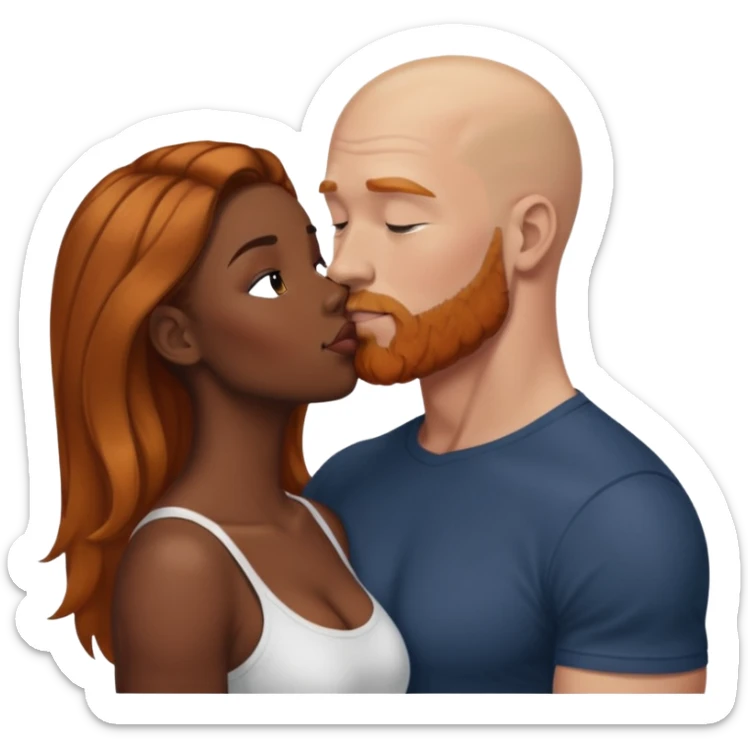 Dark black women with balayage hair kissing muscular white bald man with ginger beard sticker