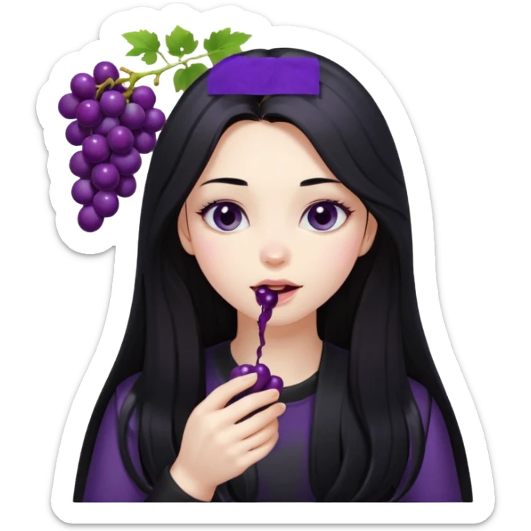 girl with long black hair, black clother with eating disorder purple food sticker
