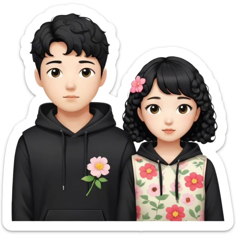 Korean young couple boy is wearing black hoodie with black short hair cut general korean style and girl is wearing flower pattern sleeveless top with black long curly hair with bang sticker