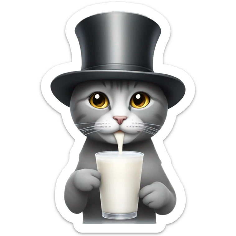 cute grey carton cat drinking a carton of milk and wearing a top hat sticker