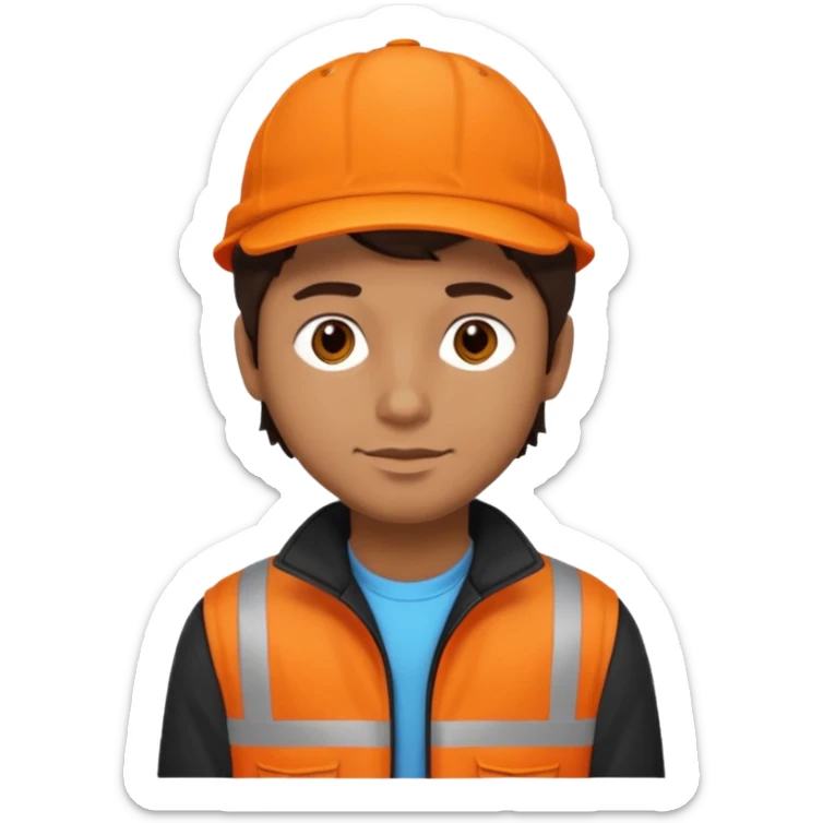 Kindly Keyin (male) with dark brown hair, orange cap and shirt, black jacket sticker