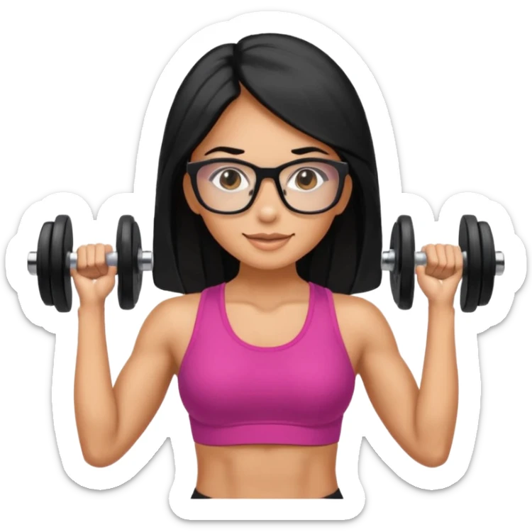 Mujer fitness usando mancuernas con lentes de marco delgado y cabello largo negro sticker