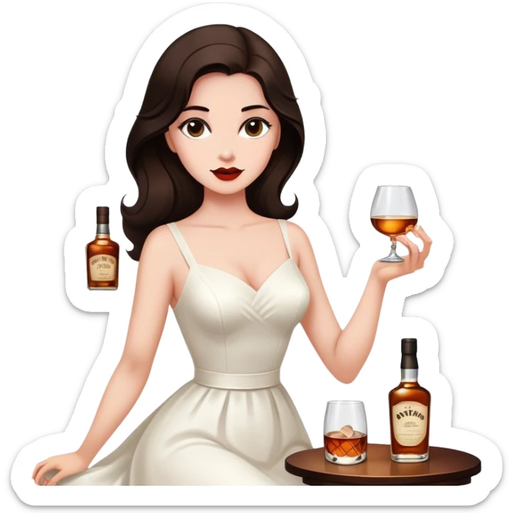 Beautiful woman in 1950’s woman fashion look, white dress, long dark brown hair, whisky with ice sticker