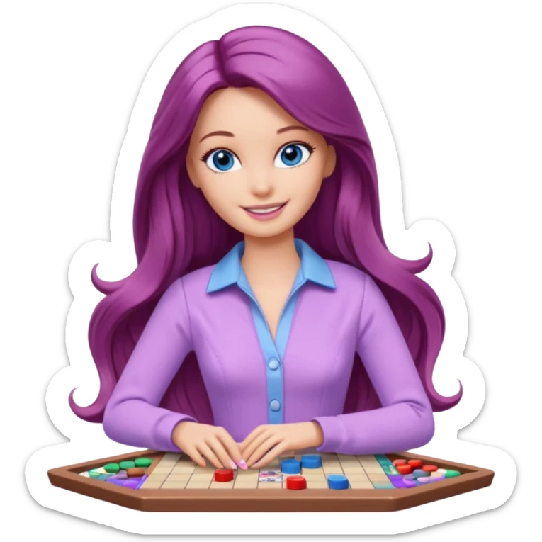 beautiful barbie girl with long brown hair, blue eyes and wearing light purple clothes playing board games sticker