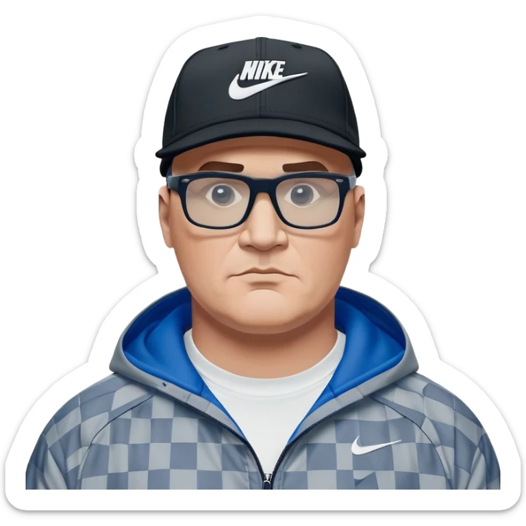 50-year-old heavyset man with very wide face and prominent square jawline wearing a black Nike baseball cap with visible Nike swoosh logo. Large dark square glasses. Serious-relaxed expression. Light gray jacket that fits his larger frame, white shirt with blue checkered pattern. sticker