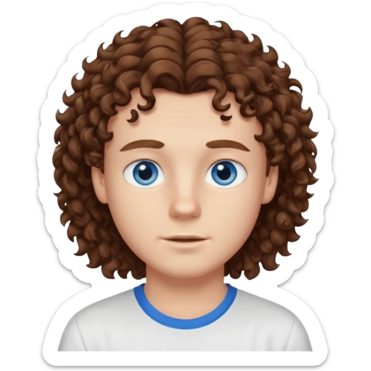 White boy with blue eyes and brown semi long hair with a White shirt without a side part, curly hair sticker