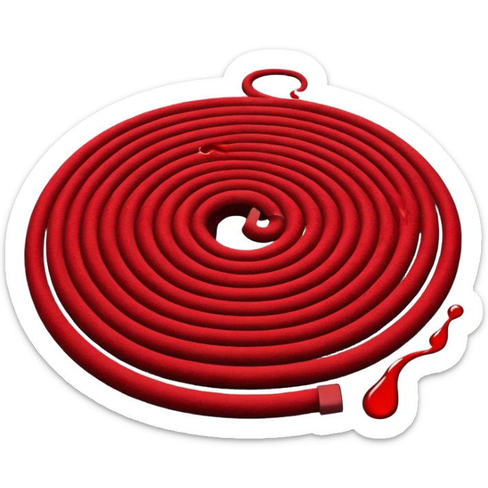 Minimalist emoji-style sticker of a coiled red carpet with drops of blood on the floor around it. Flat design, black and desaturated red tones, no perspective, bold lines. sticker