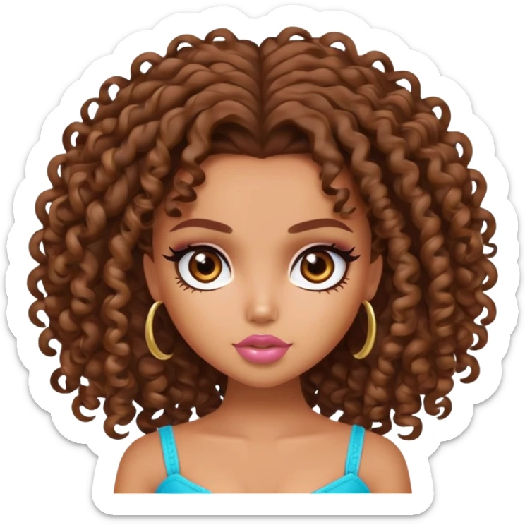 pretty bratz baddie, tan skin, curly brown hair, brown eyes sticker