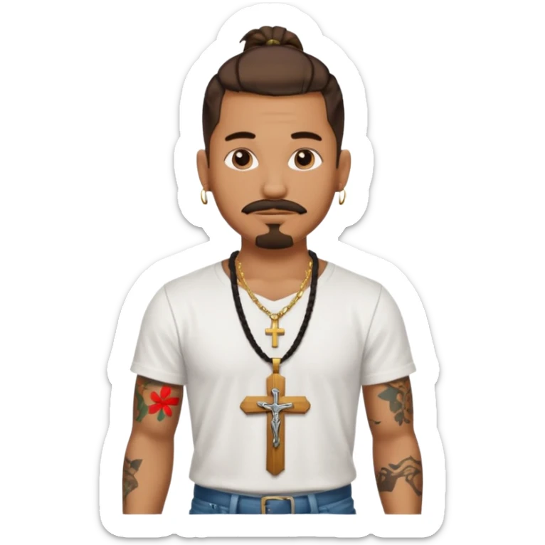 Deci creează mi un emoticon cu un băiat mai creol care are doar o coadă are cercel intr o ureche are tatuaje și barba cioc și mustața și are lanț la gât cu cruce vreau să fie cu totul cu tot cu corp și cercel vreau să aibă doar intr o ureche nu în ambele  sticker