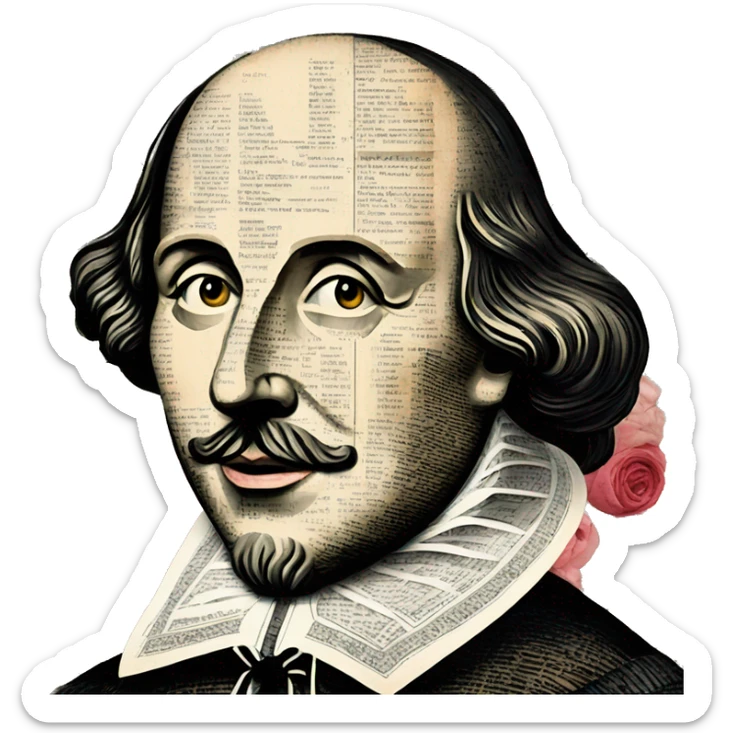 Shakespeare made of newspaper cuttings wearing flowers,  collage of intricate patterns, roses flowers sticker