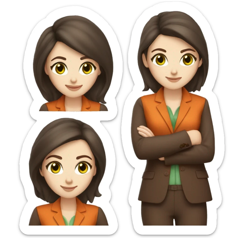 woman, green eyes, pale white skin, chocolate brown hair, orange business suit sticker