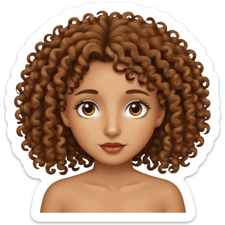 crie um emoji de uma menina bronzeada, que tem o cabelo cacheado, olhos castanhos, nariz com traço negroide e uma boca média  sticker