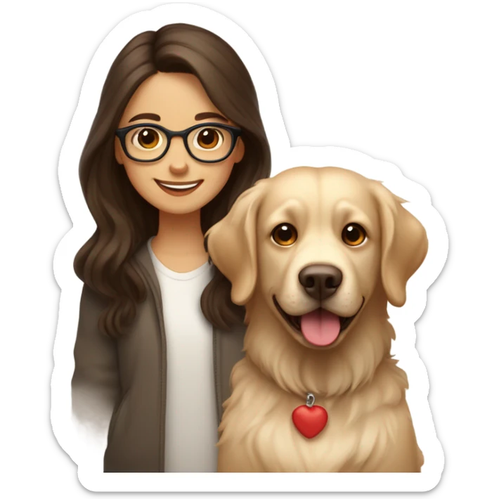 Smiling girl with long dark wavy brown hair and red glasses next to a small shaggy beige Labrador dog sticker