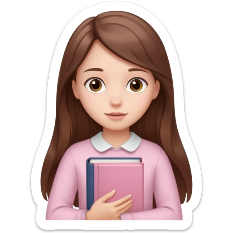 girl with fair skin and long brown hair holding a closed pale pink book sticker